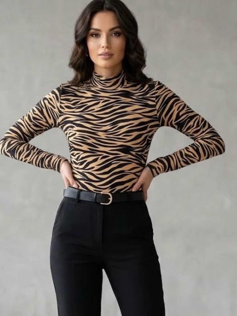 Charlotte Russe Black and Beige Mock Neck Zebra Print High Neck Bodysuit